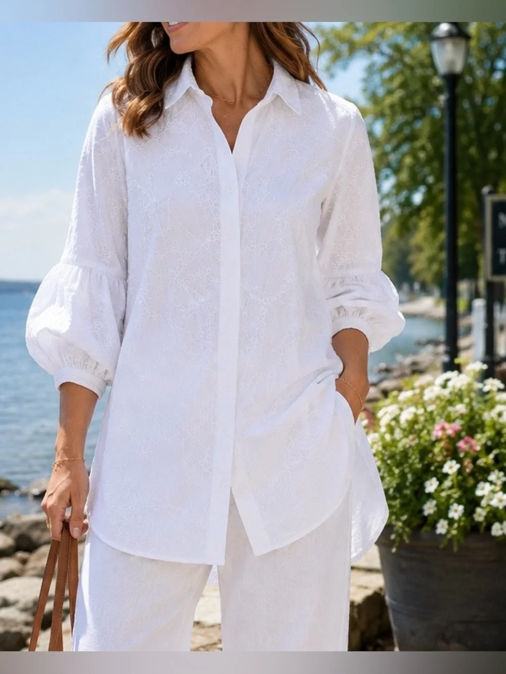 Samuel Dong NWT White Embroidered Tunic Blouse Puff Sleeve L - Picture 1 of 8